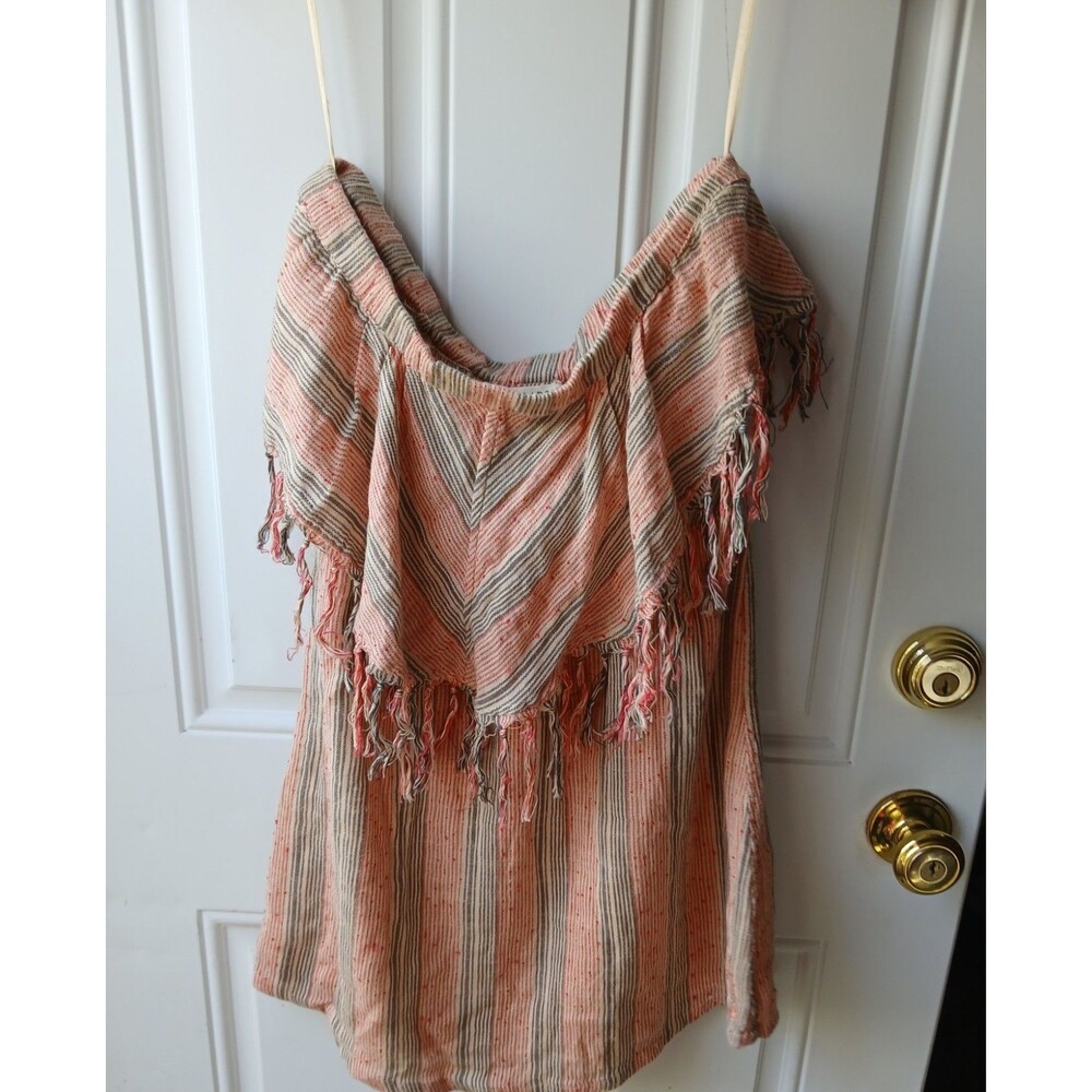 Billabong Peach Cream and Tan Striped Fringe Strapless Dress Medium Y2K Boho